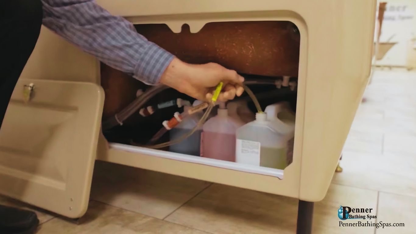 A penner bathing system that comes with its own bath additives