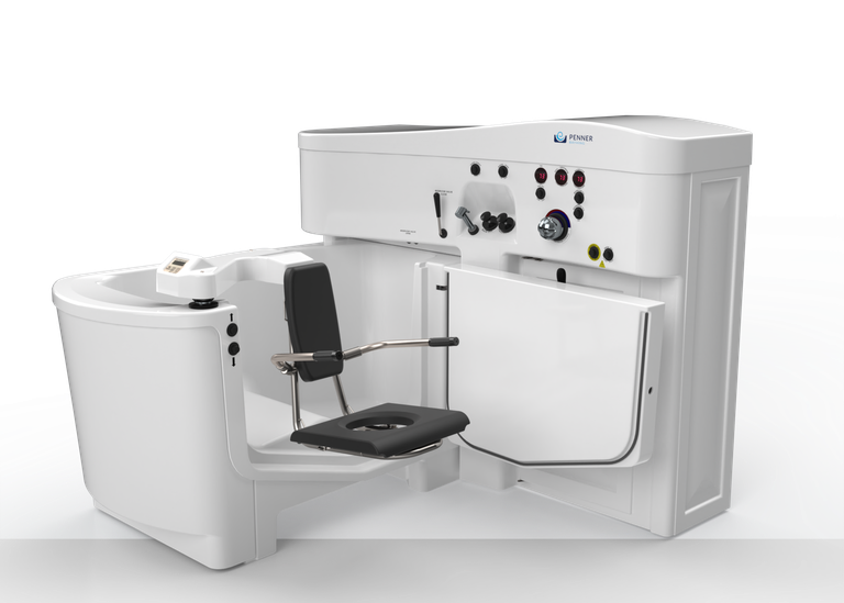 White Contour spa with right-hand post transfer and open door